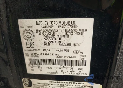 2011 Ford F150 Xlt из США, поврежденный, VIN 1FTFW1ET5BFC53459